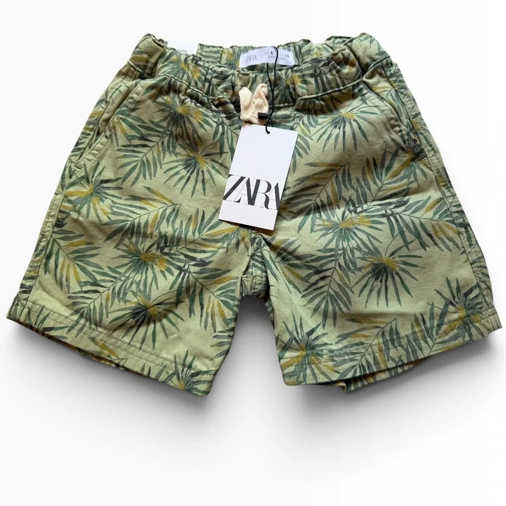 Zara Kids Boys Green Palm Leaf Print Casual Shorts Elastic Waist Size 6 116cm
